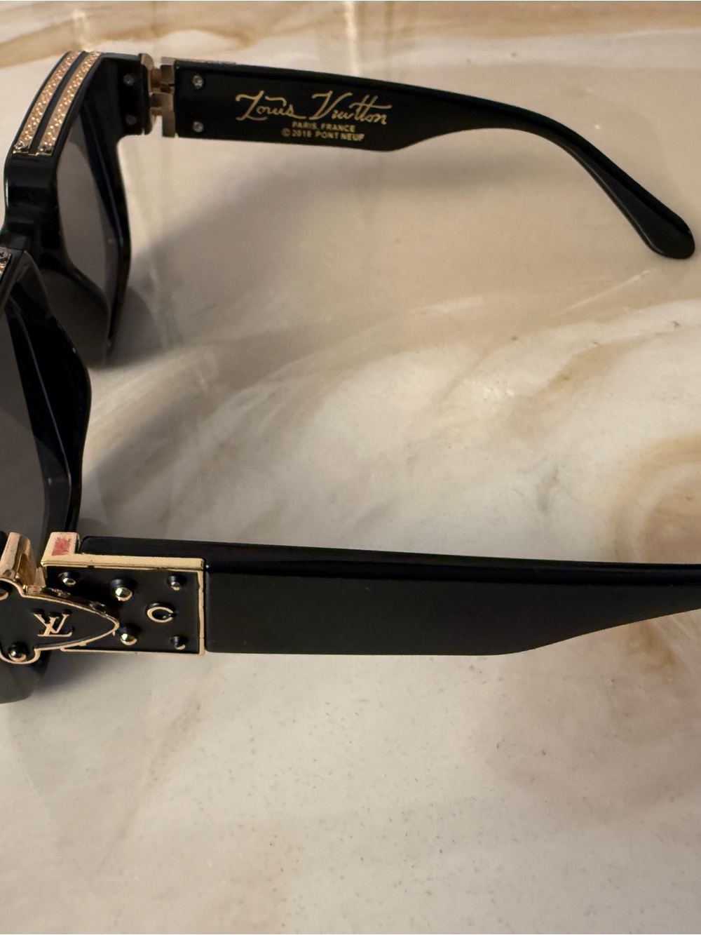 Louis Vuitton Black Rectangular Sunglasses with Gold Crystal Trim - Picture 5 of 9